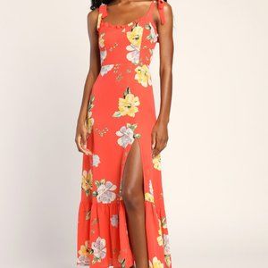 Lulu's Forever Floral Orange Floral Print Tie-Strap Slit Maxi Dress
